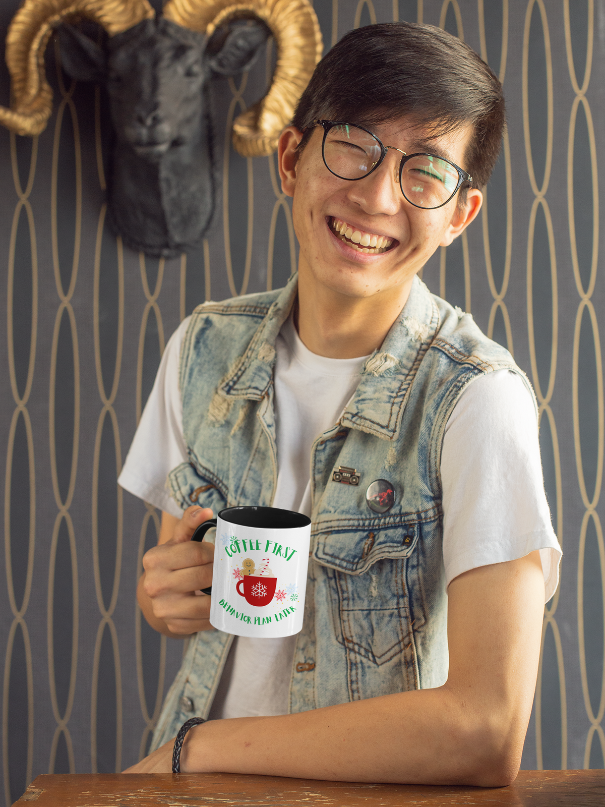 Two-Toned Coffee Mug – “Coffee First, behavior plan later”- Fun Holiday Coffee Cup for Christmas Lover - 11  & 15 Oz